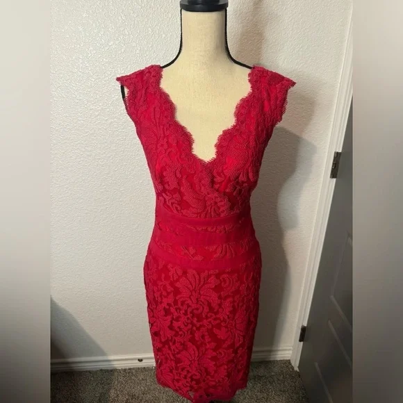 Tadashi Shoji (SALE) Red embroidered lace banded sheath dress in size 4 - Picture 5 of 9